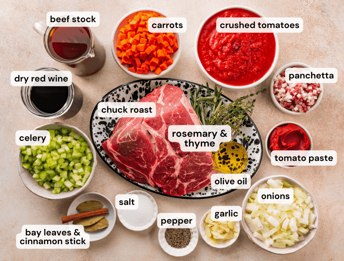 Ingredients to make Italian pot roast in separate bowls.