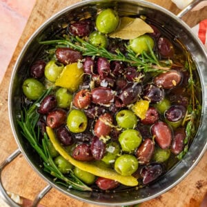 Marinated olive recipe in a pot.