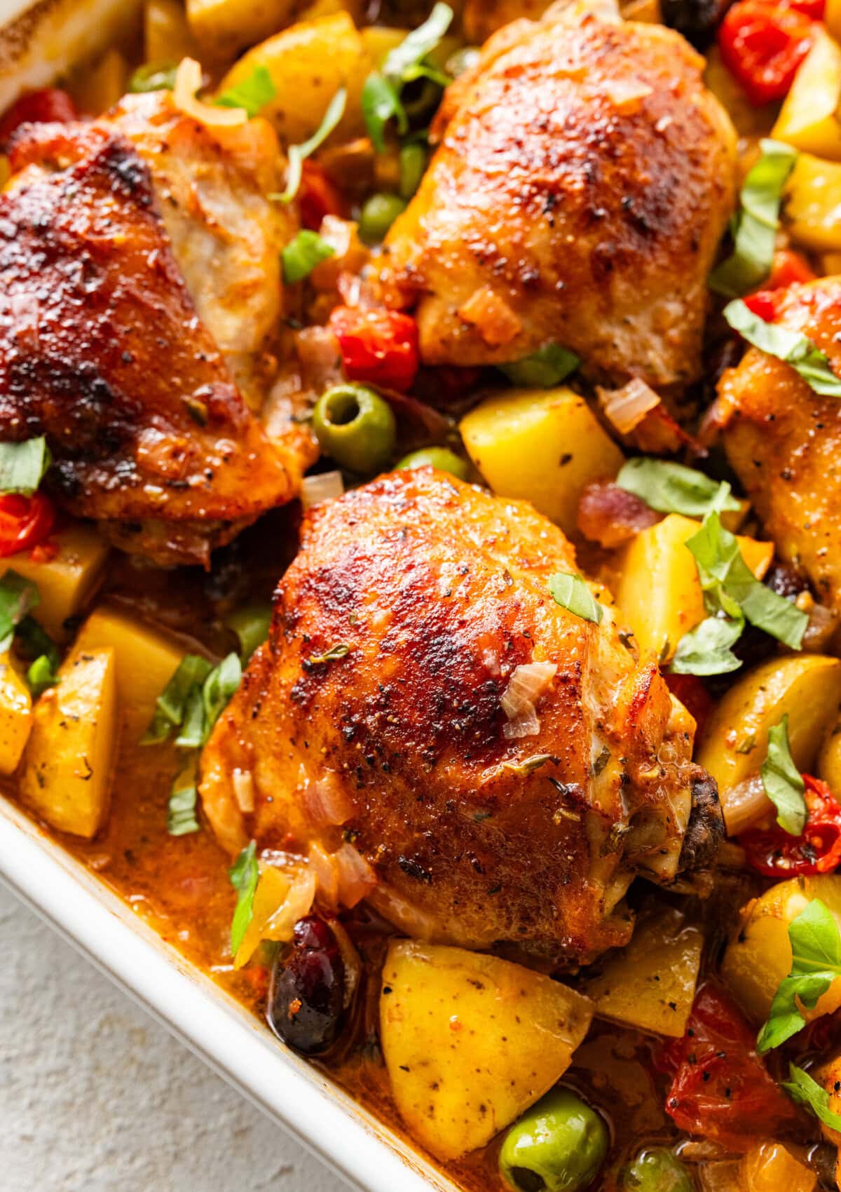 baked mediterranean chicken crispy chicken and perfectly cooked veggies.