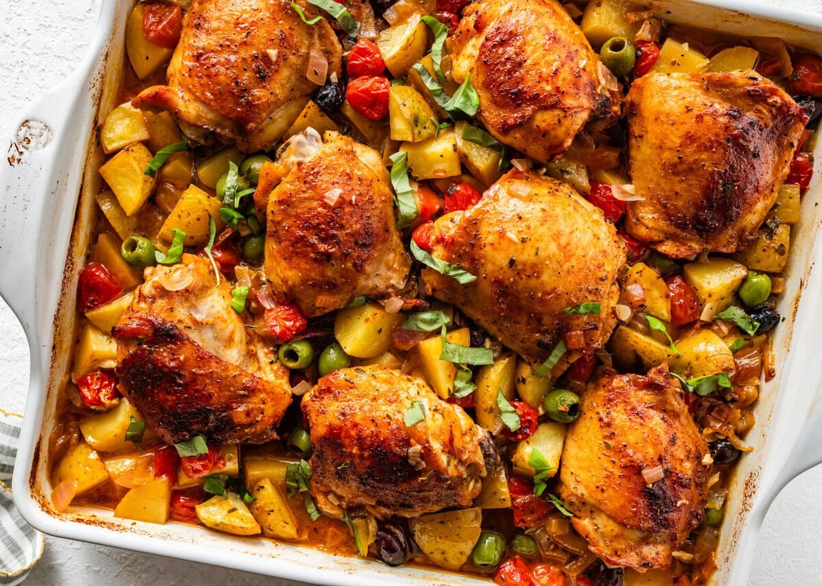 baked mediterranean chicken crispy chicken and perfectly cooked veggies.