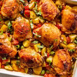 baked mediterranean chicken crispy chicken and perfectly cooked veggies.