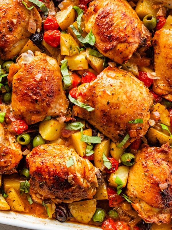 baked mediterranean chicken crispy chicken and perfectly cooked veggies.