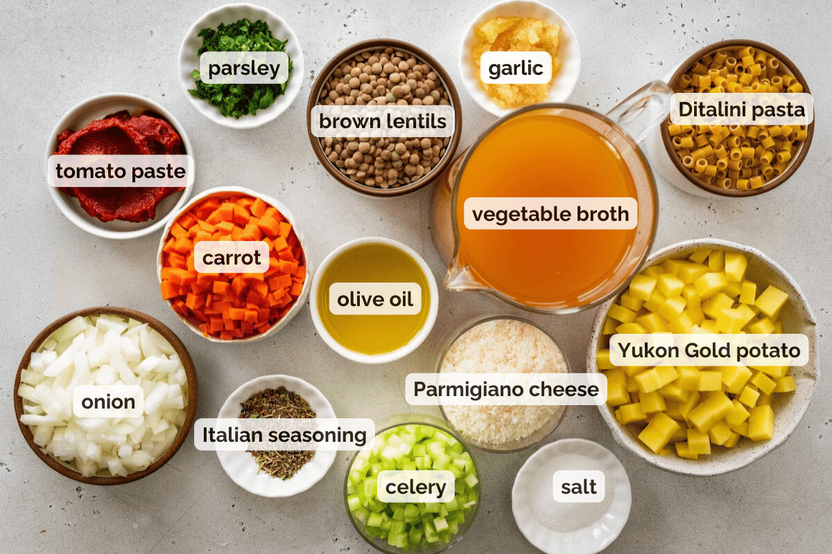 Recipe ingredients for pasta with lentils recipe.