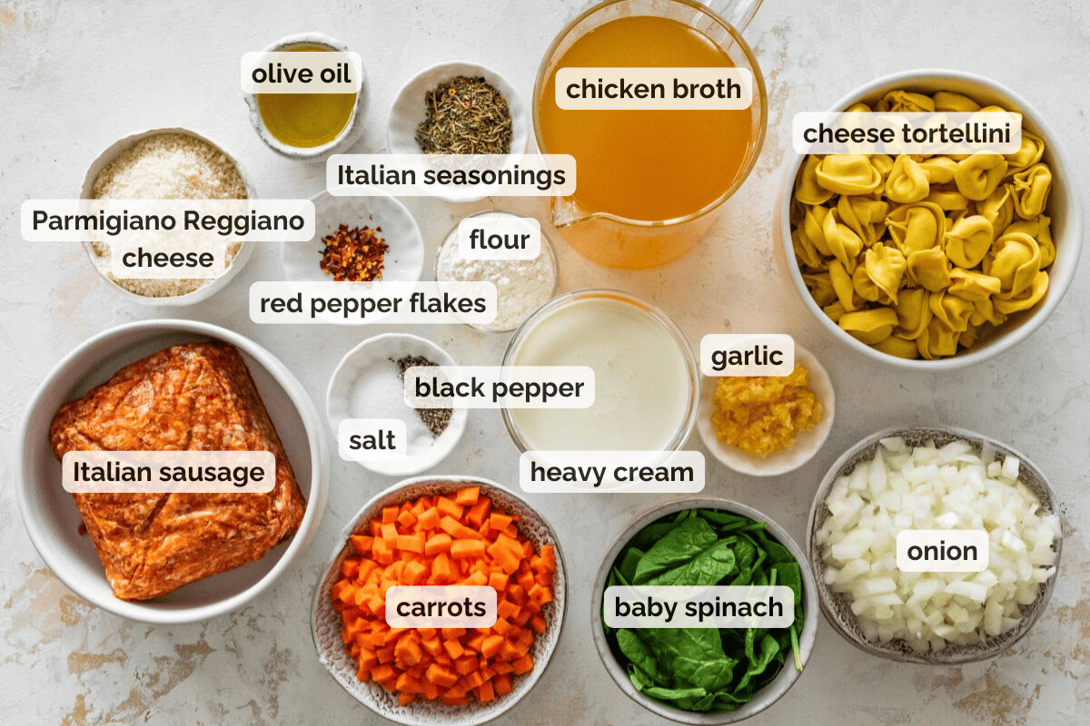Recipe ingredients for creamy sausage tortellini recipe.