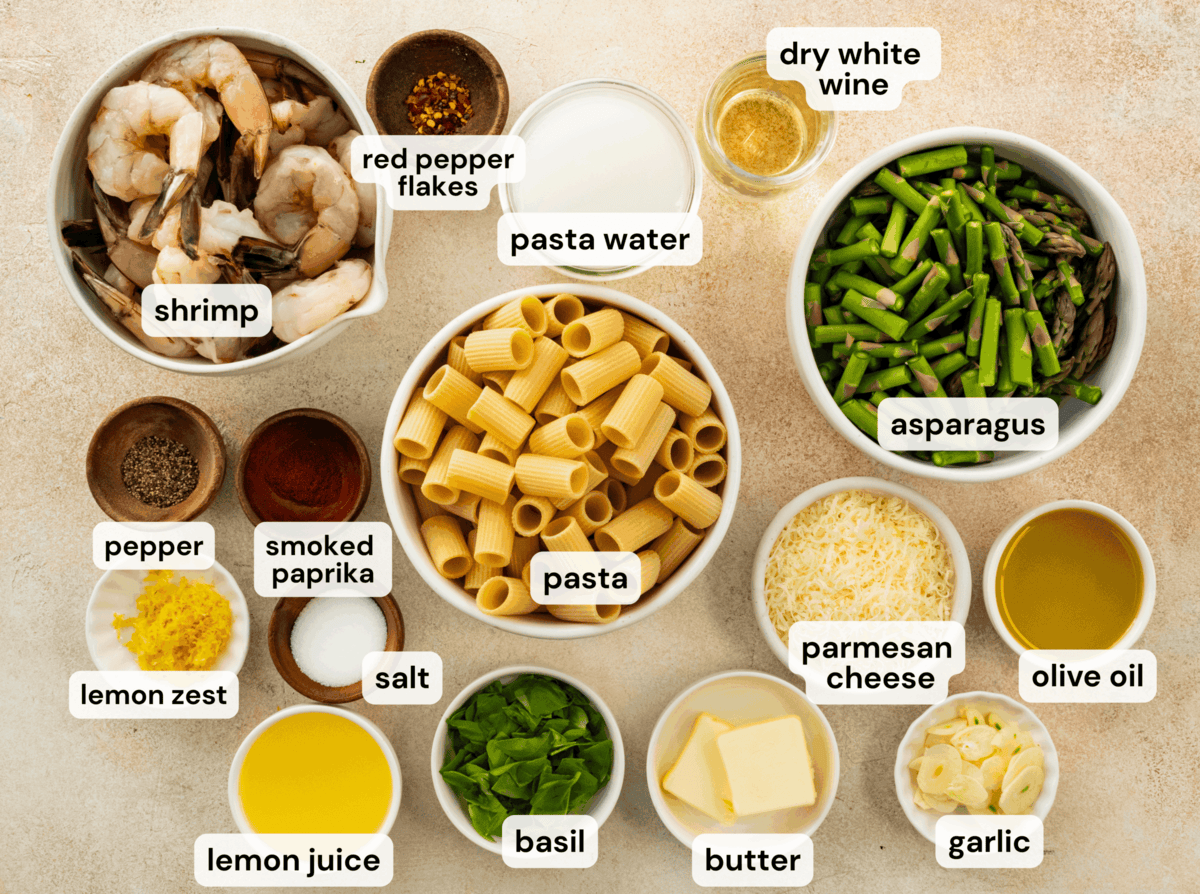 Ingredients to make shrimp asparagus pasta all laid out.