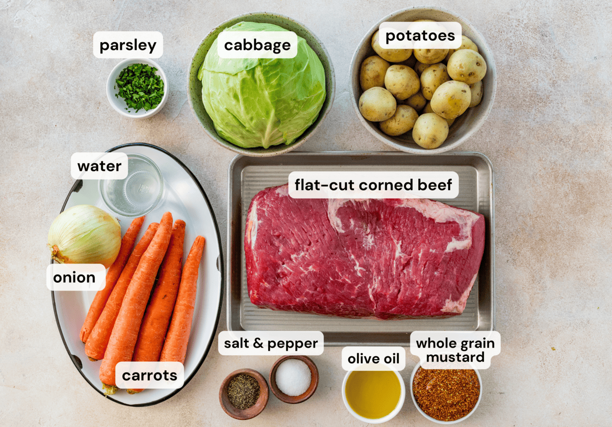 Ingredients to make corned beef and cabbage in separate sections.