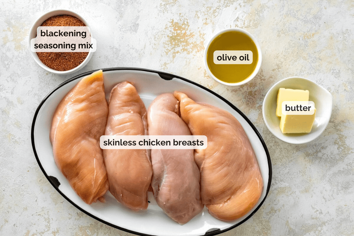 Recipe ingredients for blackened chicken breast recipe.
