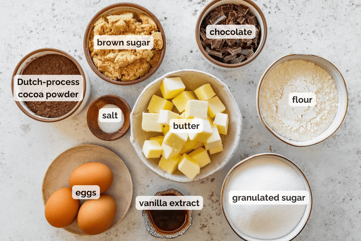 Recipe ingredients for brown butter brownies recipe.