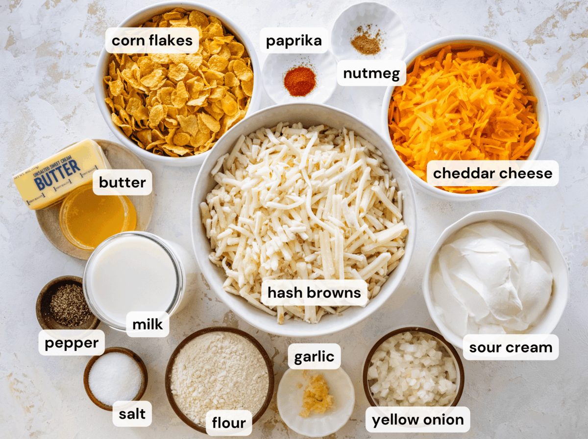 Ingredients to make party potatoes all in separate bowls.