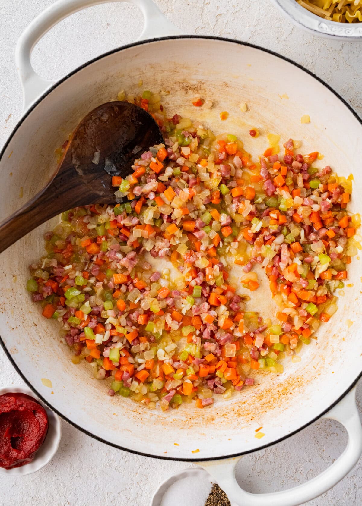 Fully cooked down carrots, onion, celery, and guanciale.