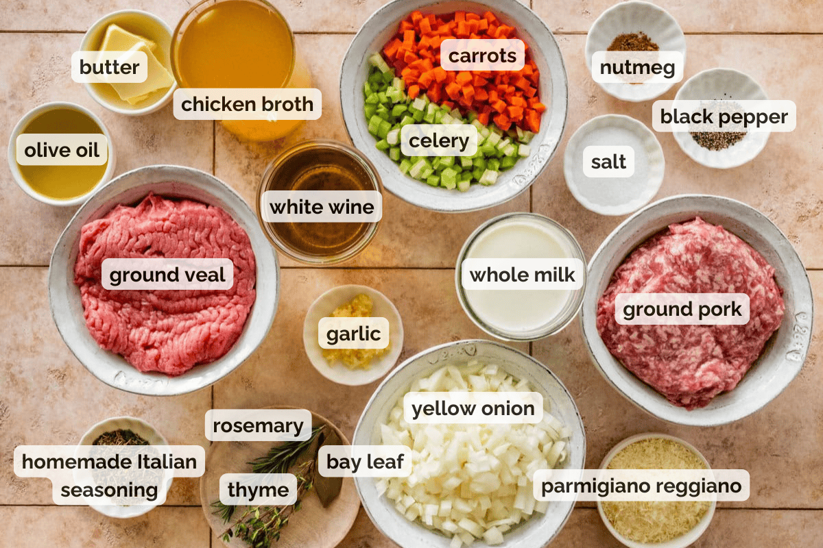 Recipe ingredients for white bolognese sauce recipe.