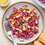 Red cabbage slaw on a plate with a fork with another plate nearby, and extra ingredients.