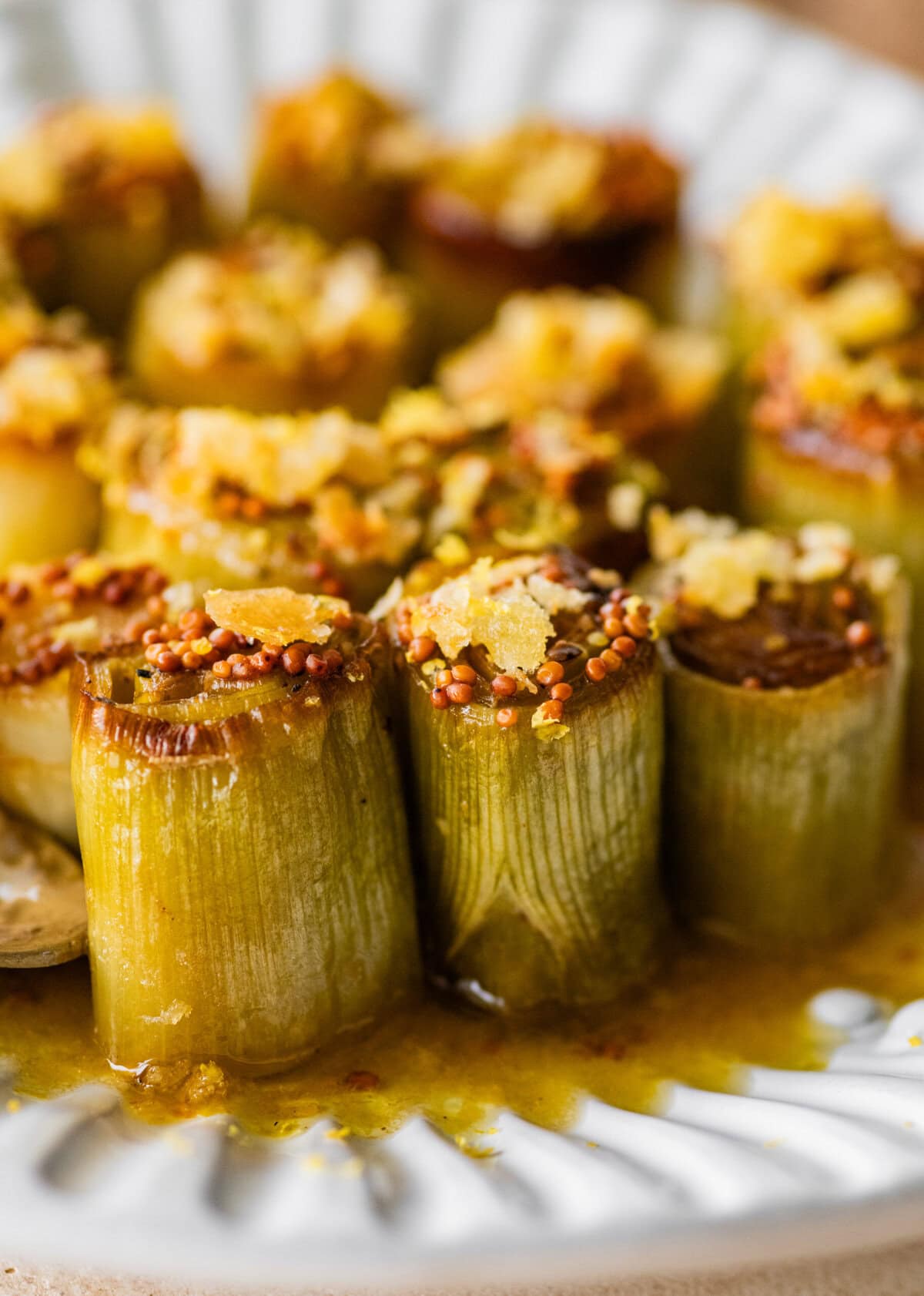 Braised leeks on a serving dish.