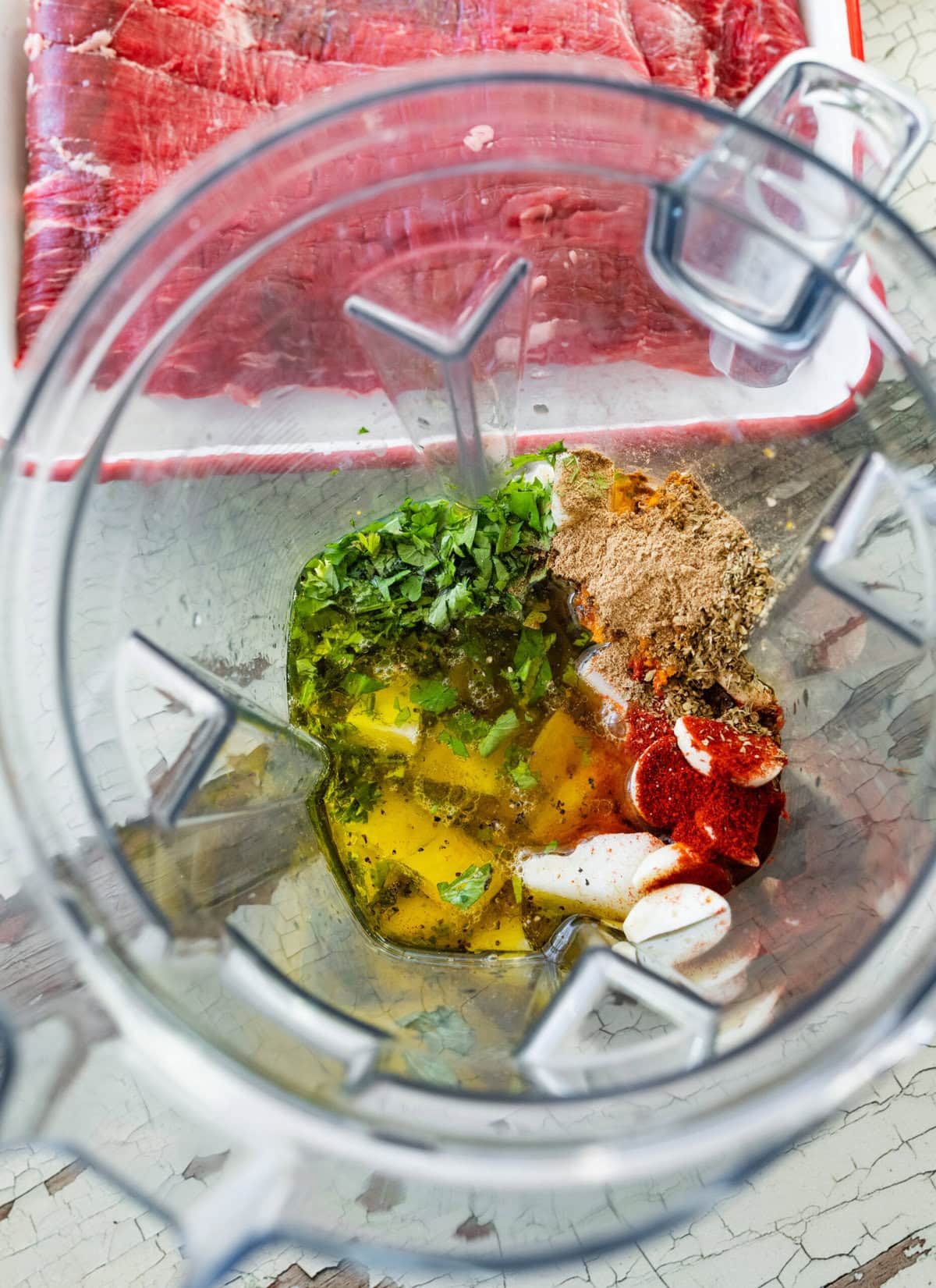 Marinade ingredients in a blender before blending.