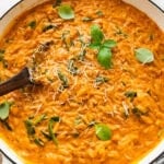 Pot of creamy chicken orzo garnished with basil, with a spoon resting in the pot.