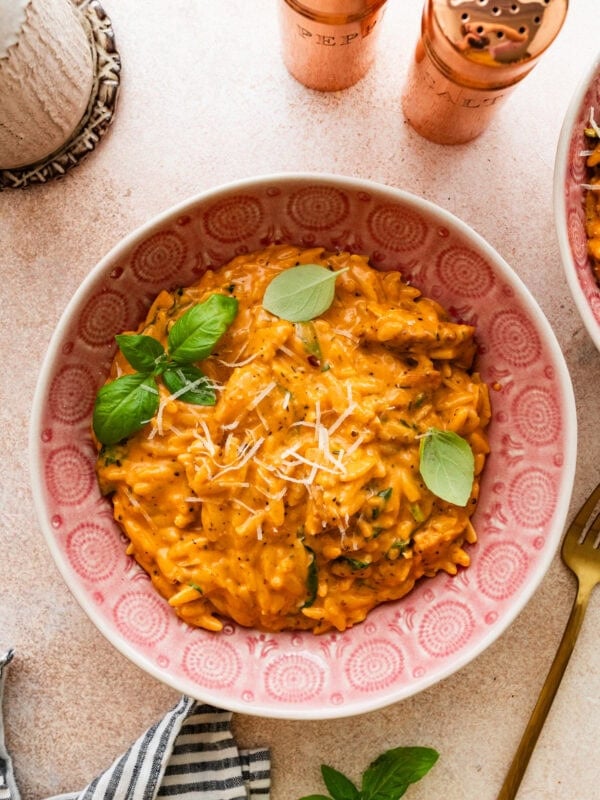 Chicken and orzo in a bowl garnished with basil, with other bowl of chicken and orzo in the background.