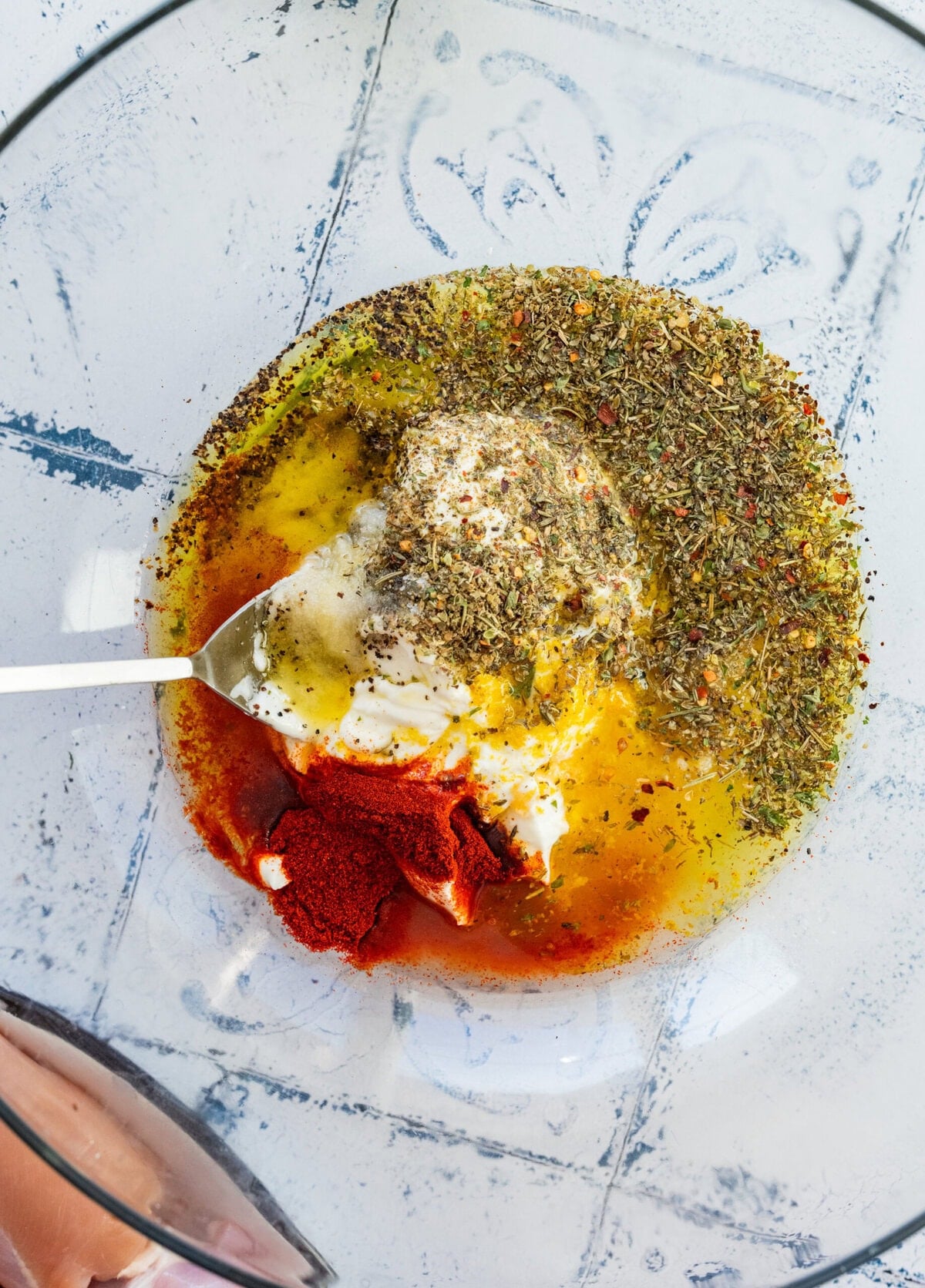 Chicken marinade ingredients in a bowl before combining.
