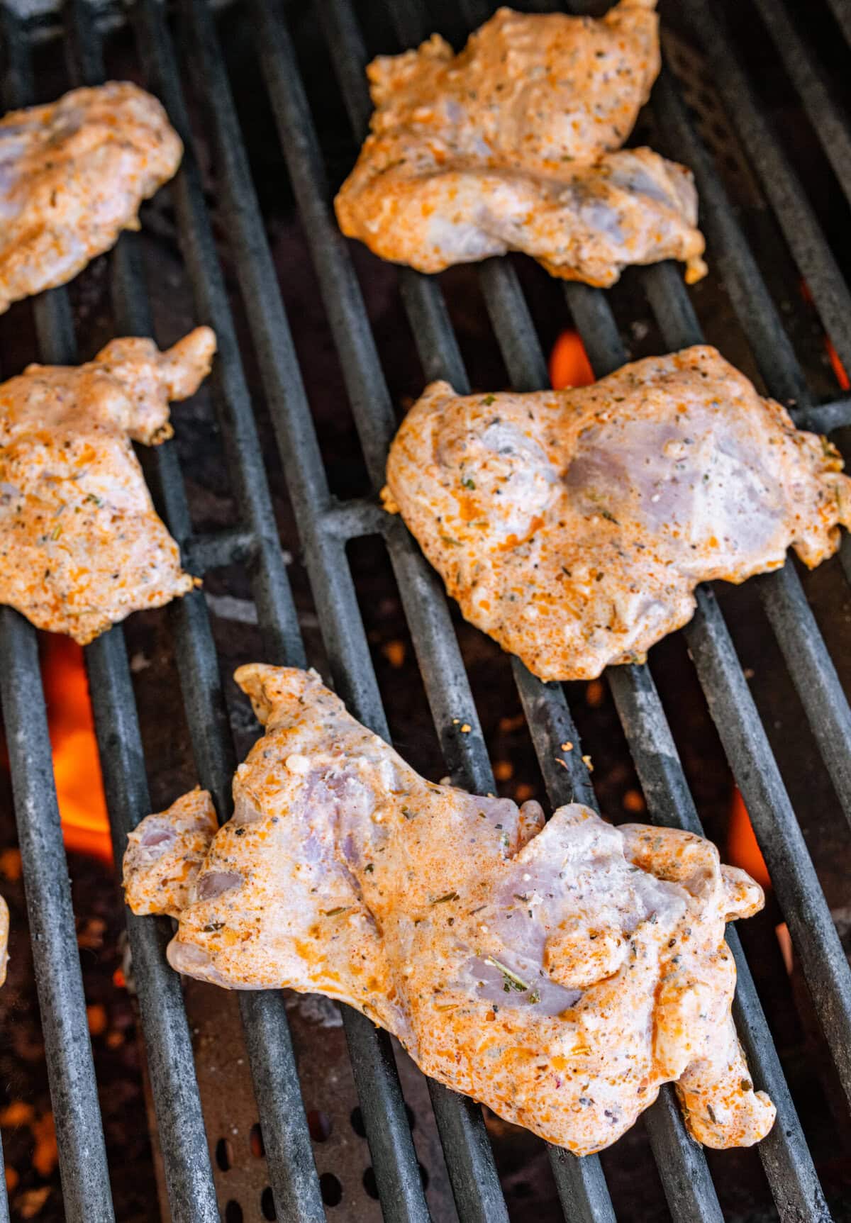 Chicken on a lit grill before cooking.