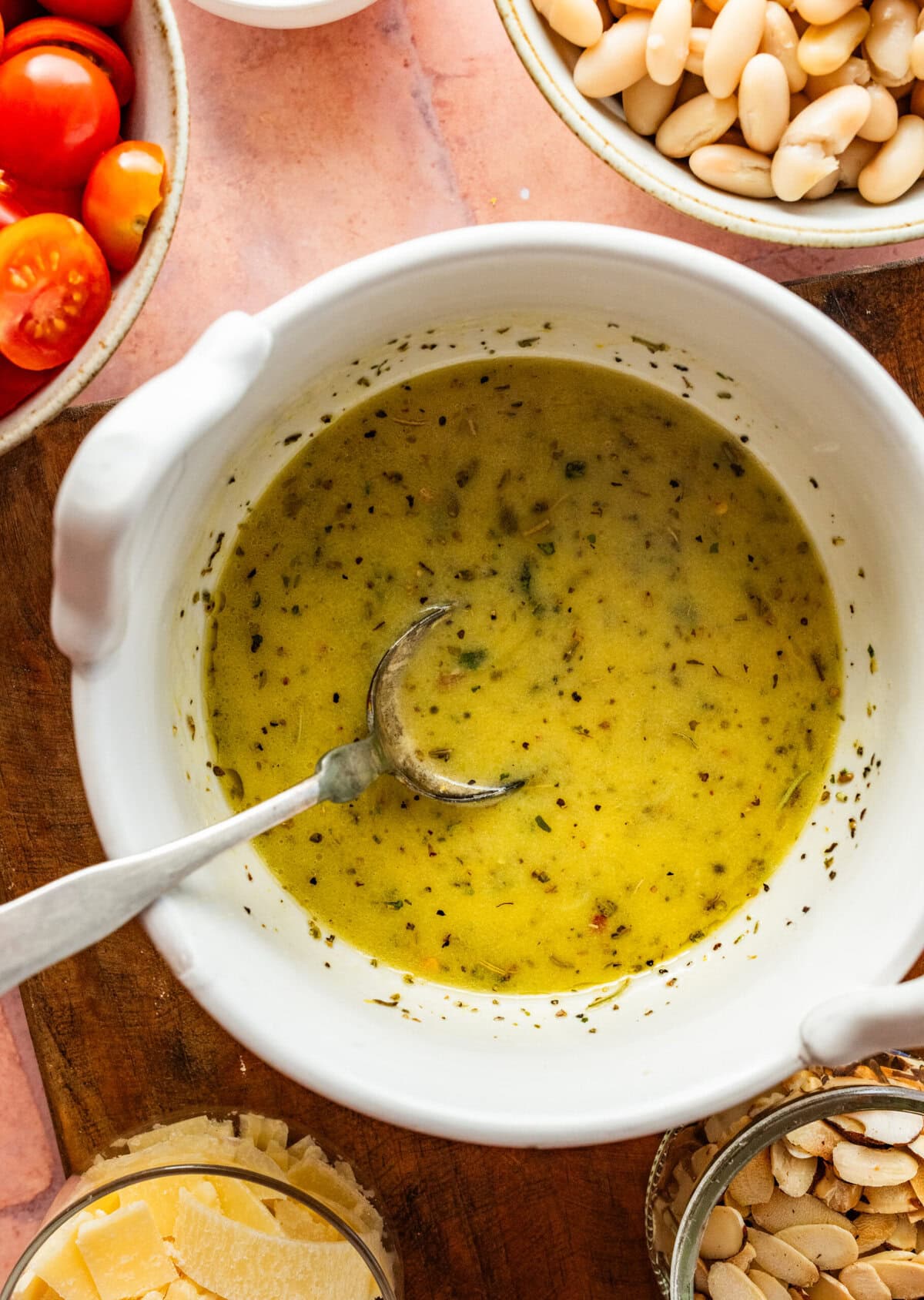 Dressing in a bowl after stirring.