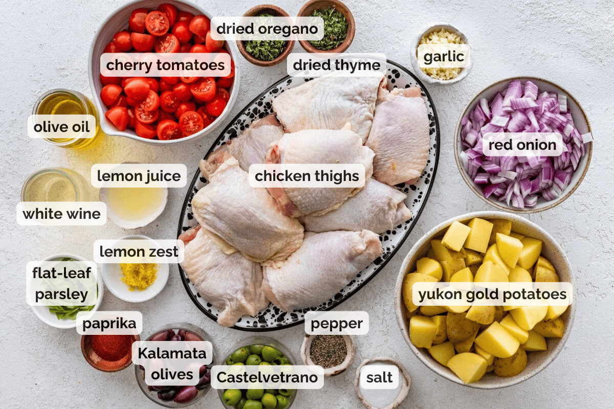 Recipe ingredients for Mediterranean chicken recipe.