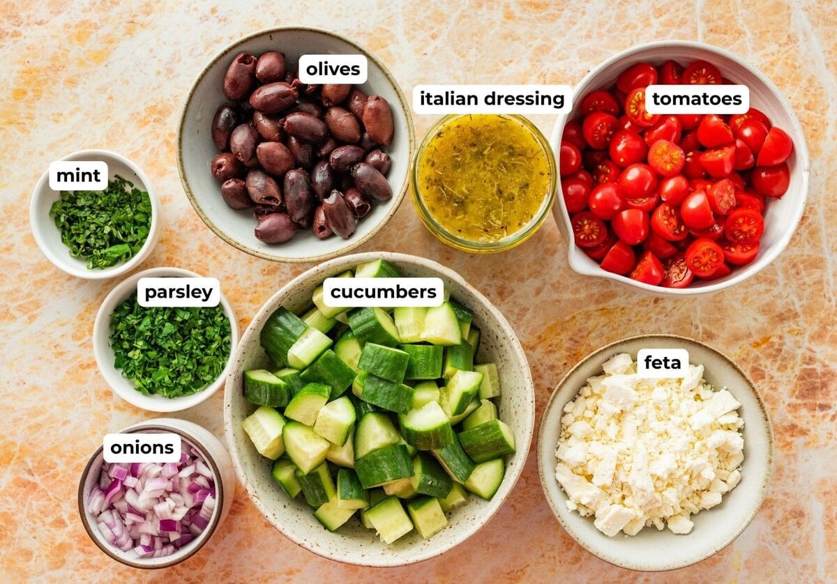 Ingredients to make mediterranean cucumber salad.