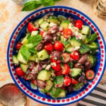 Mediterranean cucumber salad in a serving bowl.