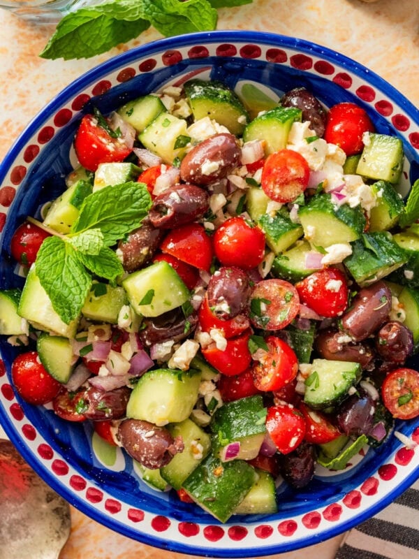 Mediterranean cucumber salad in a serving bowl.