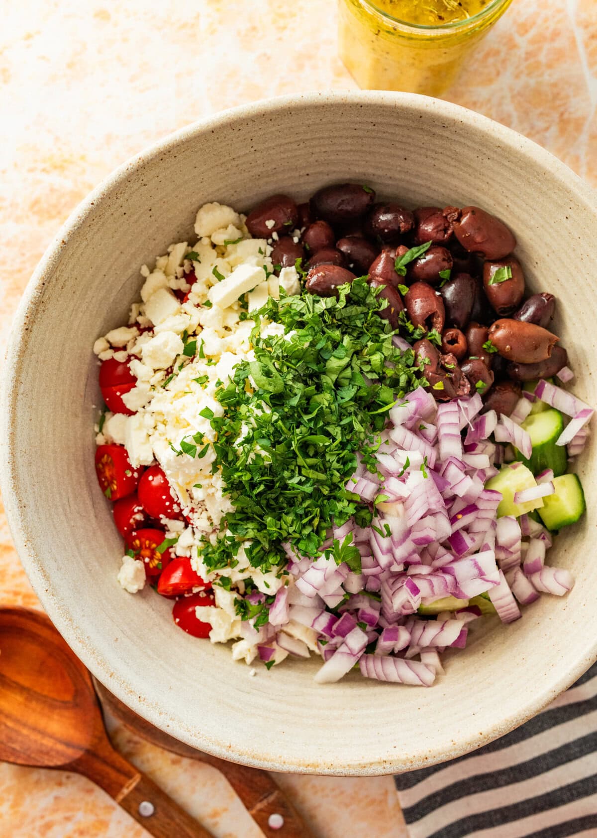 Ingredients for the salad in a bowl before mixing.