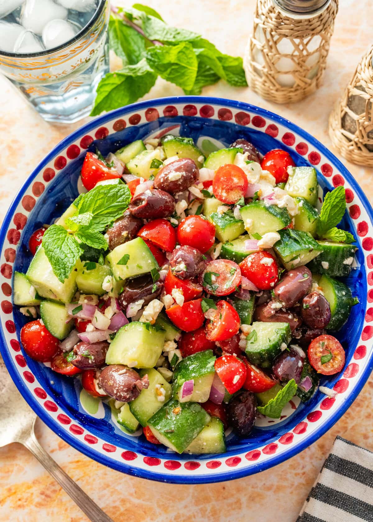 Mediterranean cucumber salad in a serving bowl.
