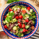 Mediterranean cucumber salad in a serving bowl.