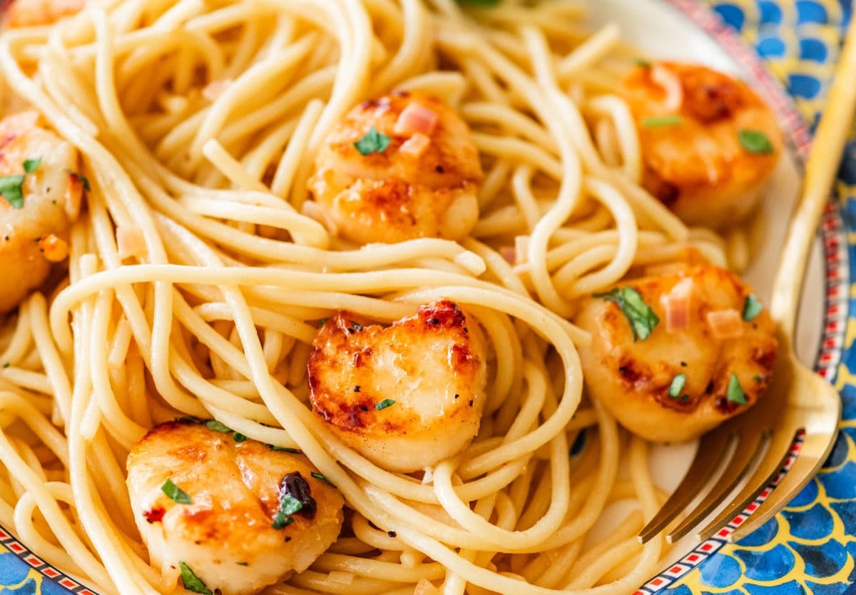 A single serving of scallop pasta on a plate with garnish.