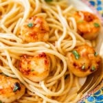 A single serving of scallop pasta on a plate with garnish.