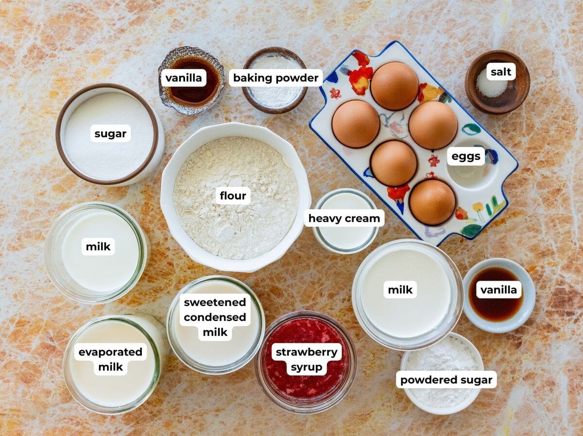 ingredients to make strawberry tres leches cake.