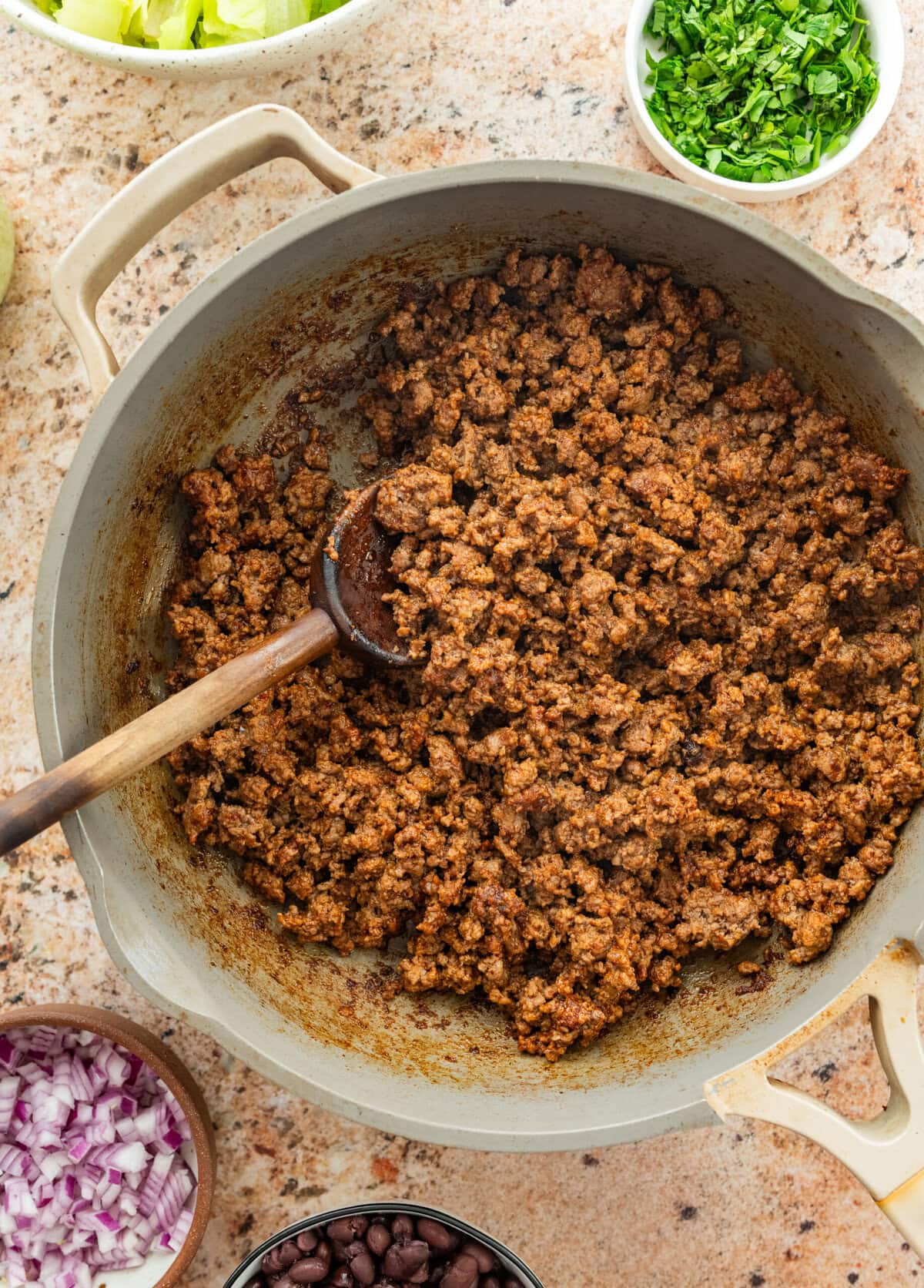 Taco seasoning after mixed into ground beef.