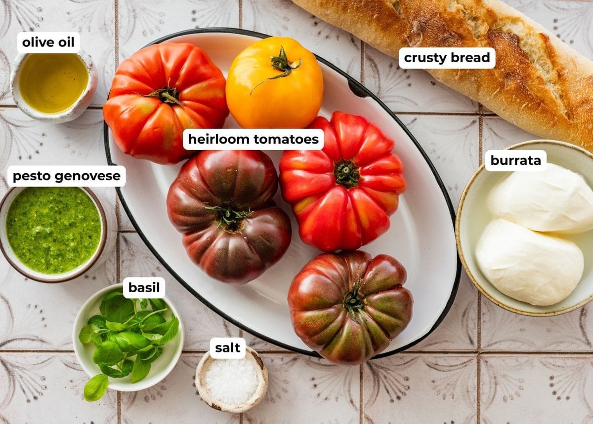 Ingredients to make tomato burrata salad.