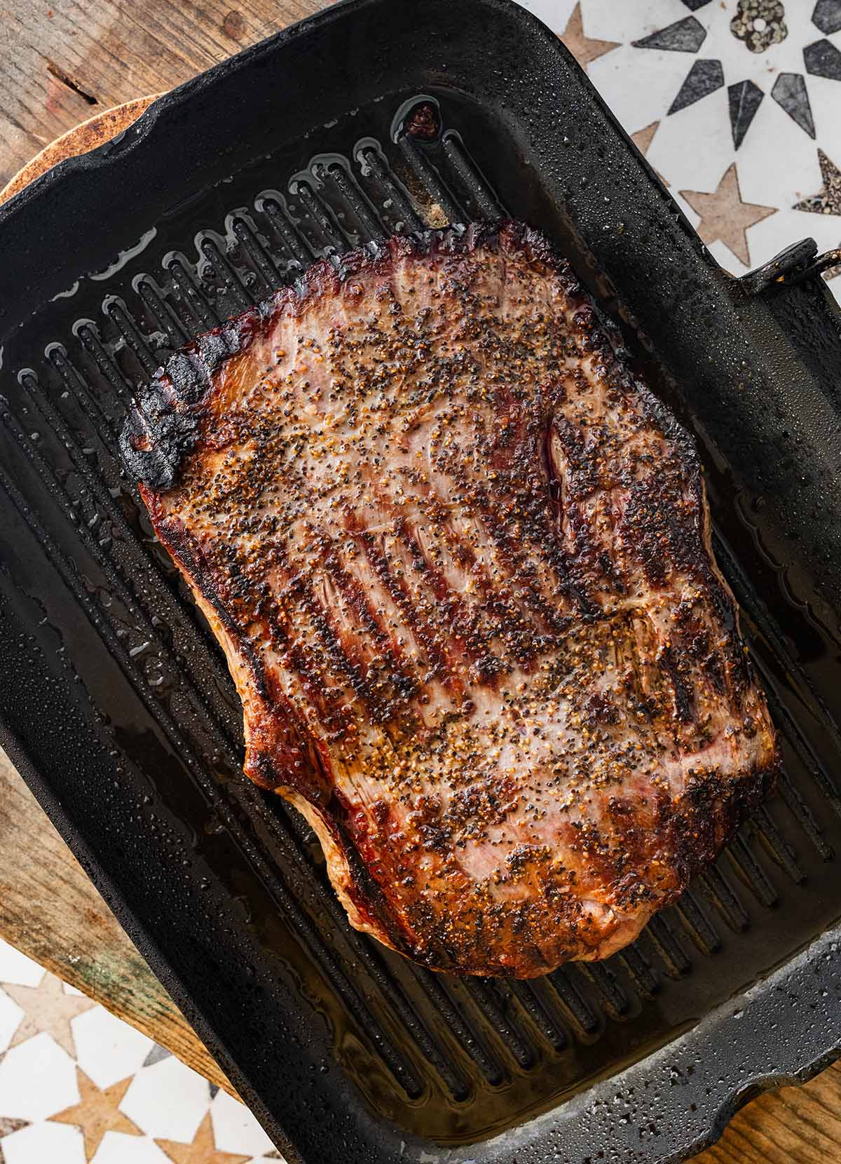 flank steak in a cast iron grill pan.