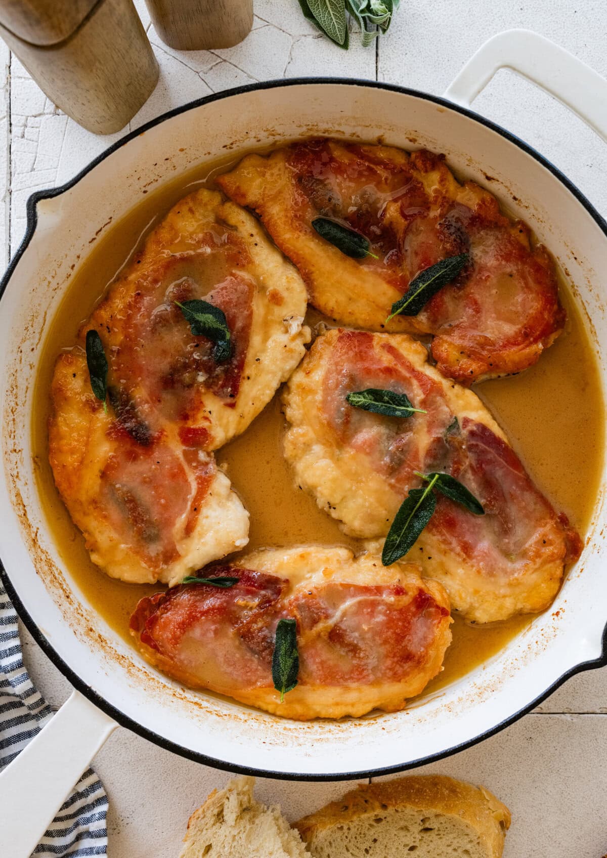 chicken saltimbocca in a pan once fully coked.