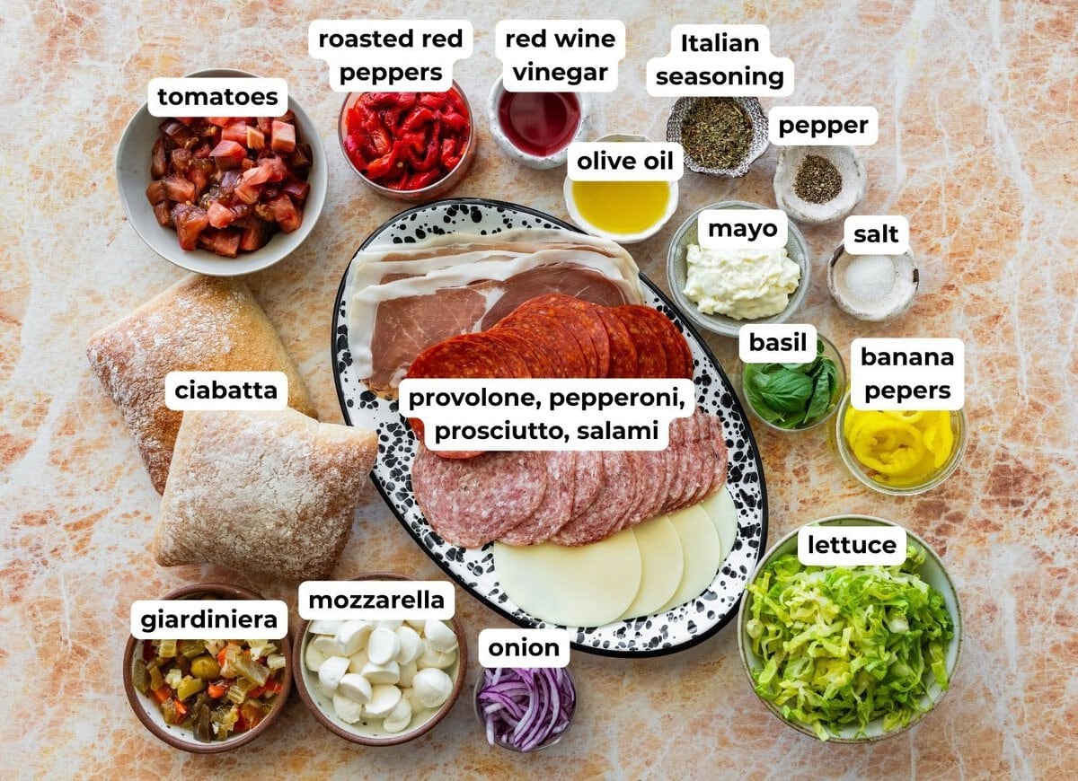 ingredients to make chopped italian sandwiches.