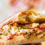 a chopped italian sandwich held up with hands with a bite taken from it.