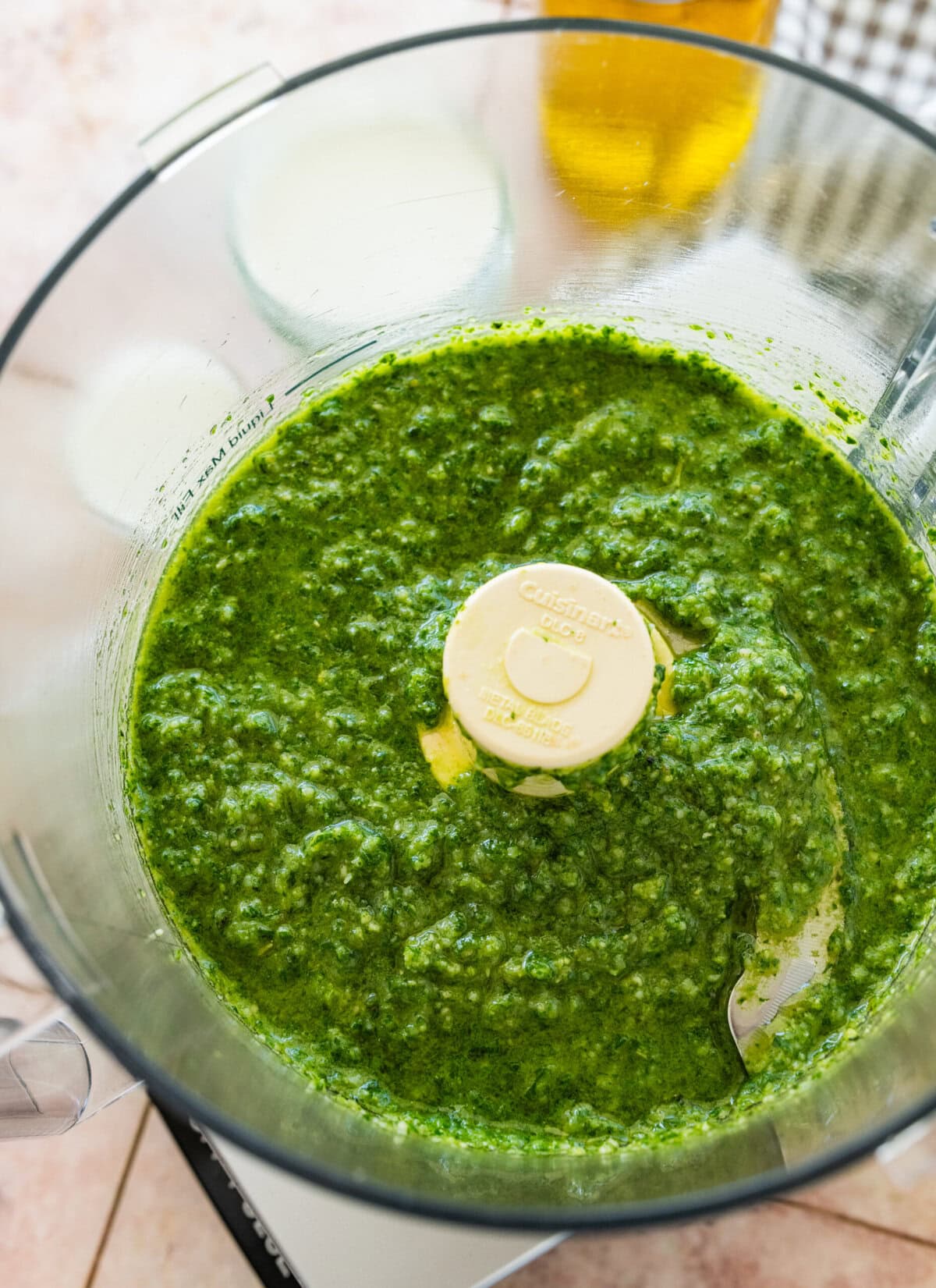 the basil pesto after fully combined in the food processor.
