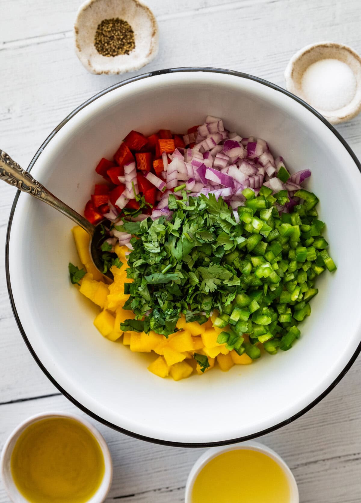 all of the ingredients -- minus the salt, pepper, and oil-- to make mango salsa in a bowl before combining,