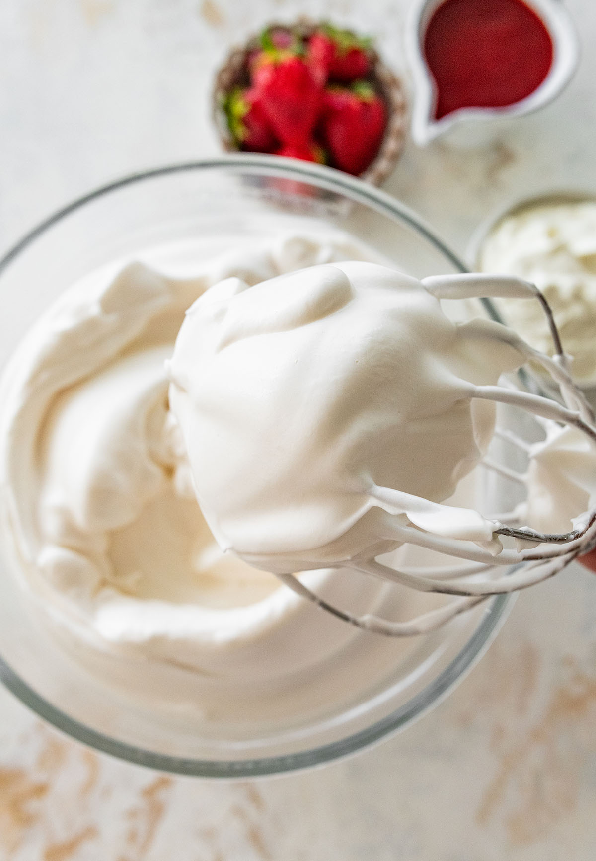 beaten egg whites on a stand mixer whisk.
