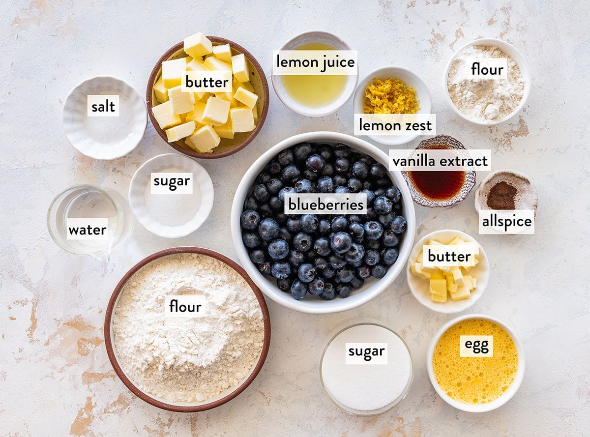 bowls of ingredients for blueberry galette.