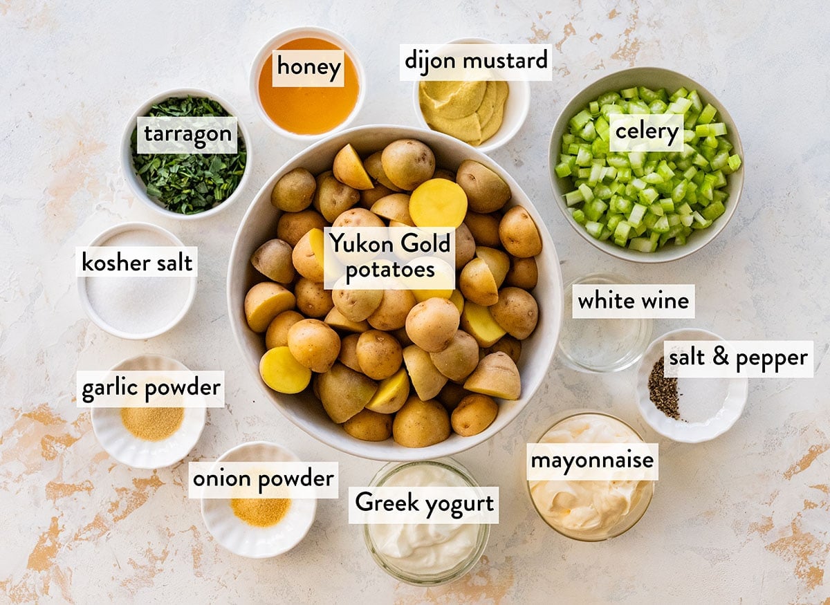bowls of ingredients for creamy potato salad.
