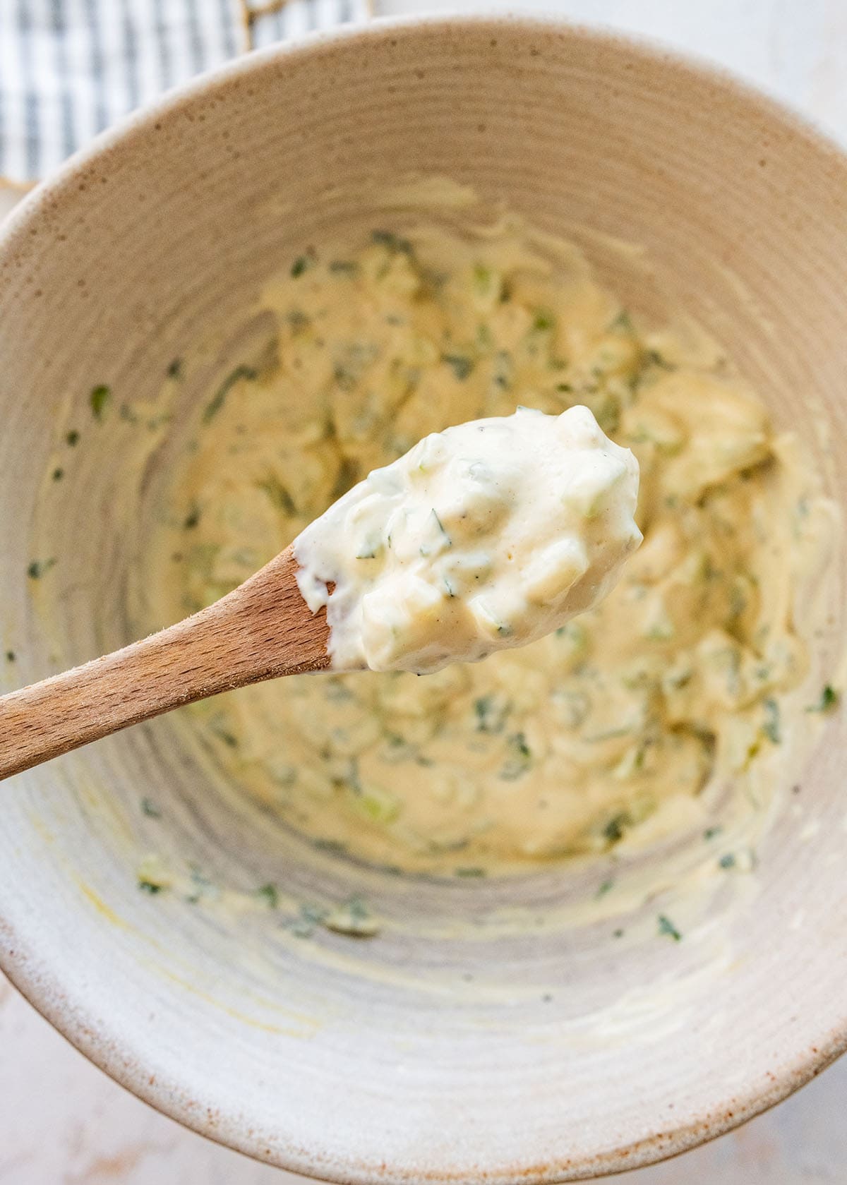 holding a spoonful of creamy dressing with celery.