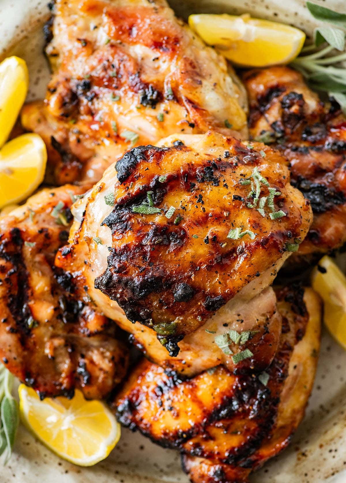 crispy charred skin on a grilled chicken thigh.