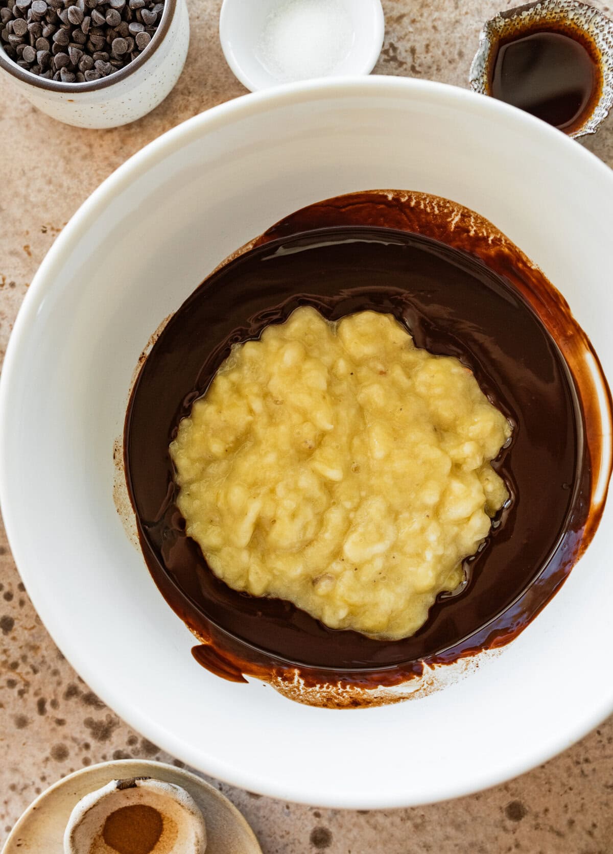 Mashed bananas added to the batter.