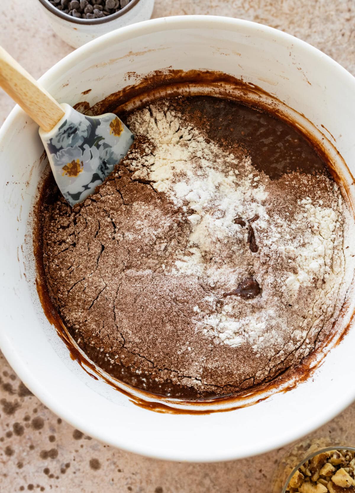 Dry ingredients added to the batter.