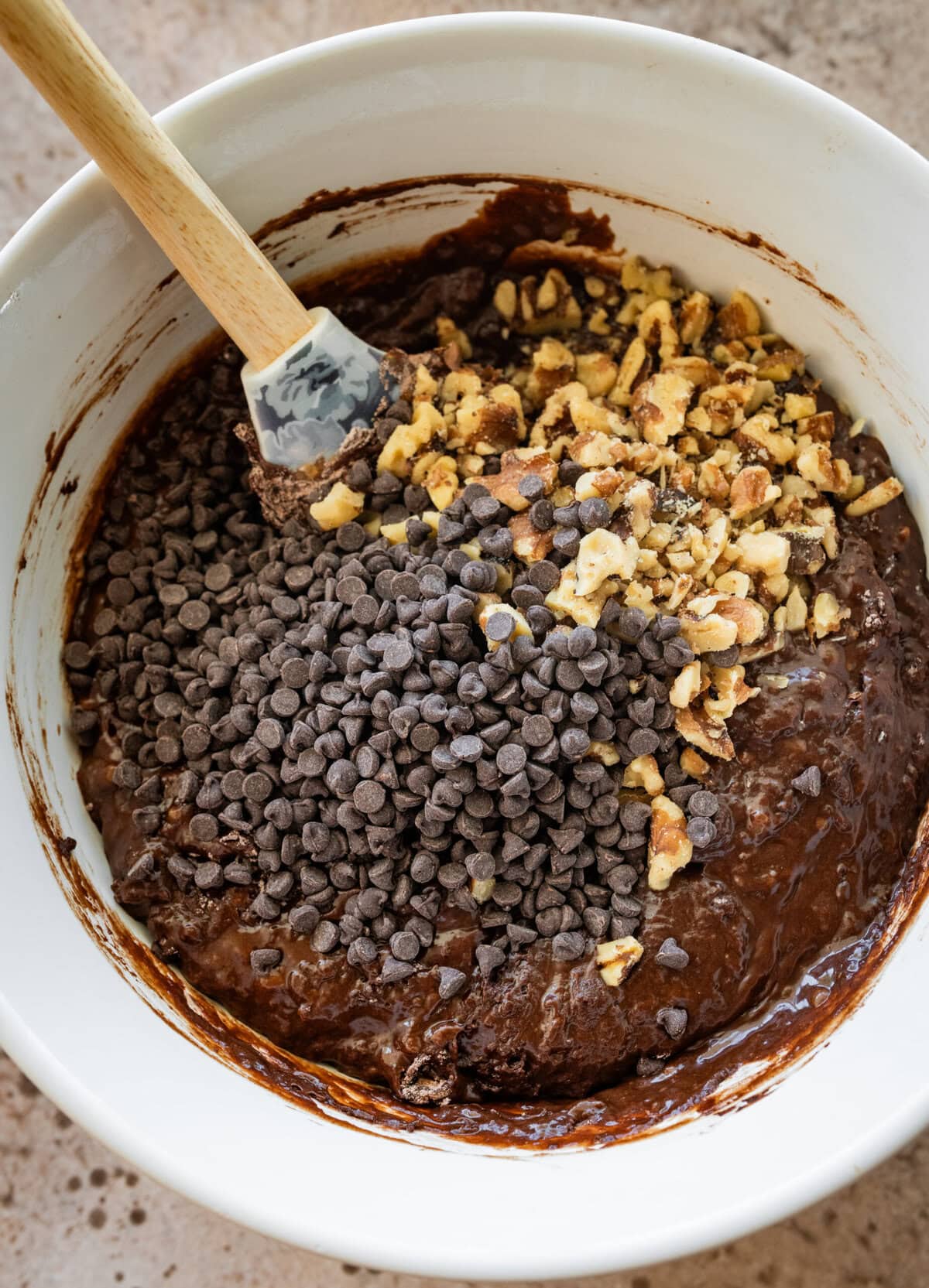 Chocolate chips and walnuts added to the batter.