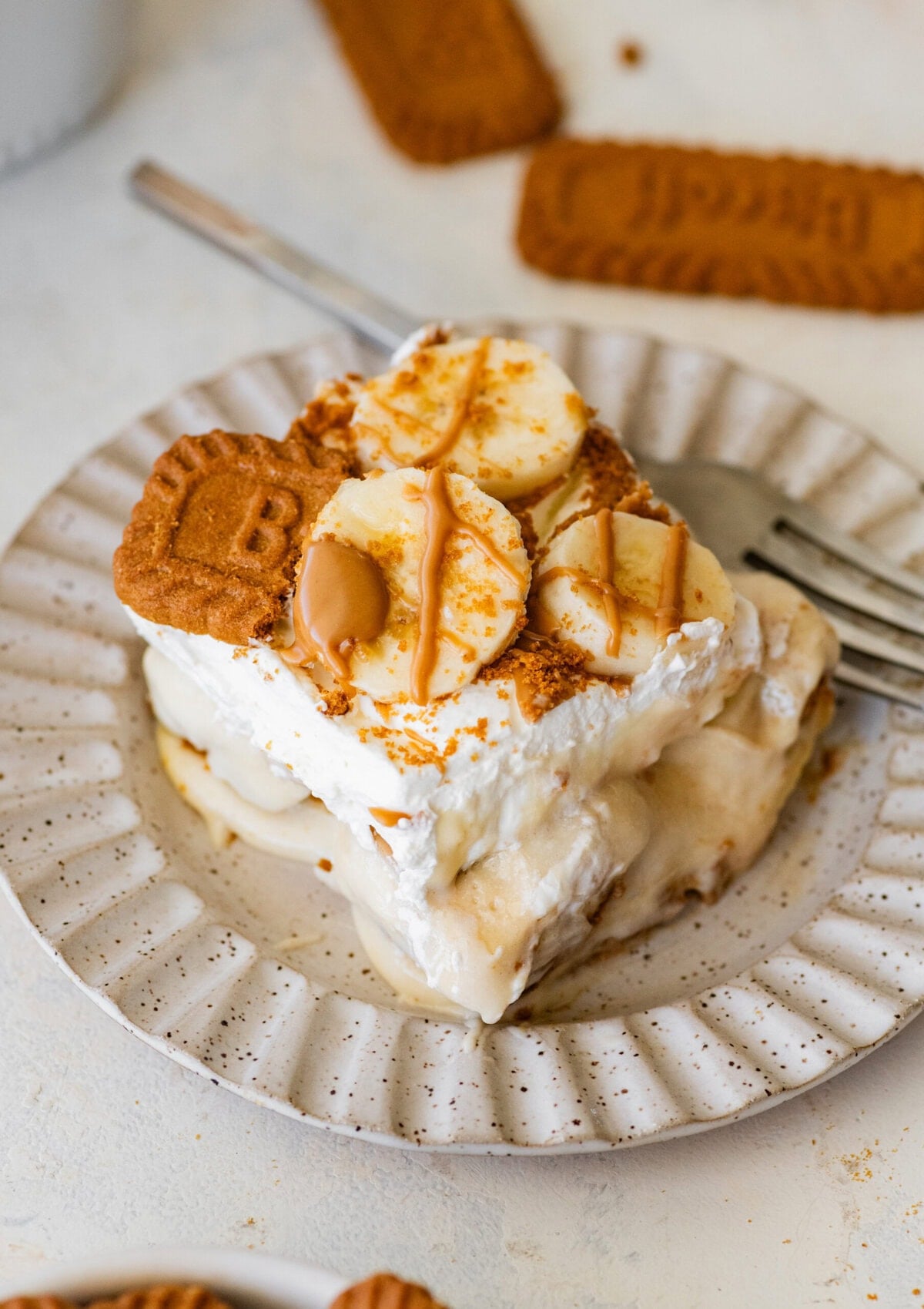 A slice of the pudding on a dish with biscoff cookies and a fork nearby.
